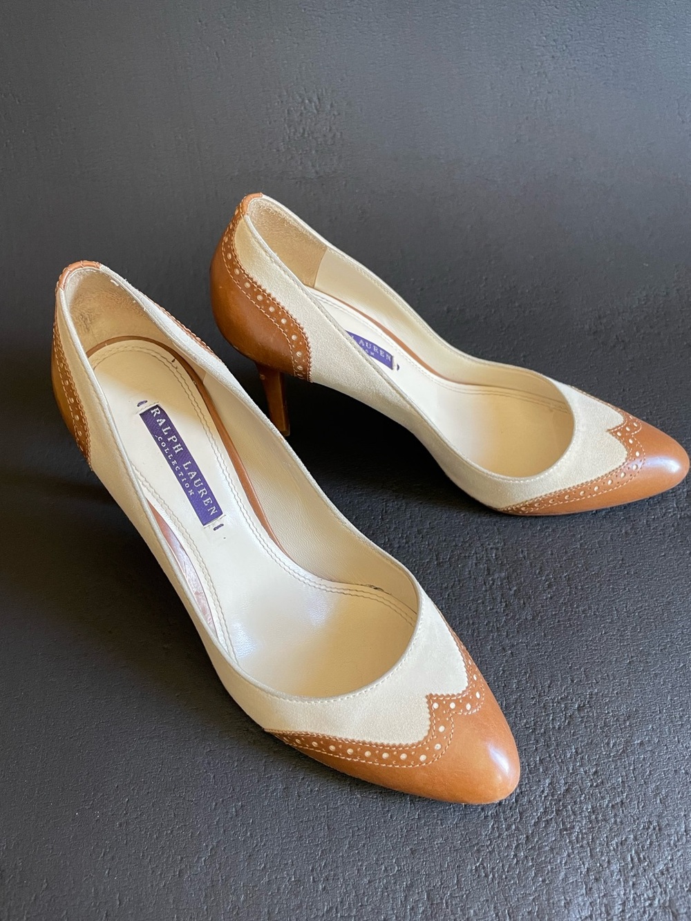 Ralph Lauren Purple Label Wingtip Heels Shoes Made In Italy Brown beige 8 fits 7